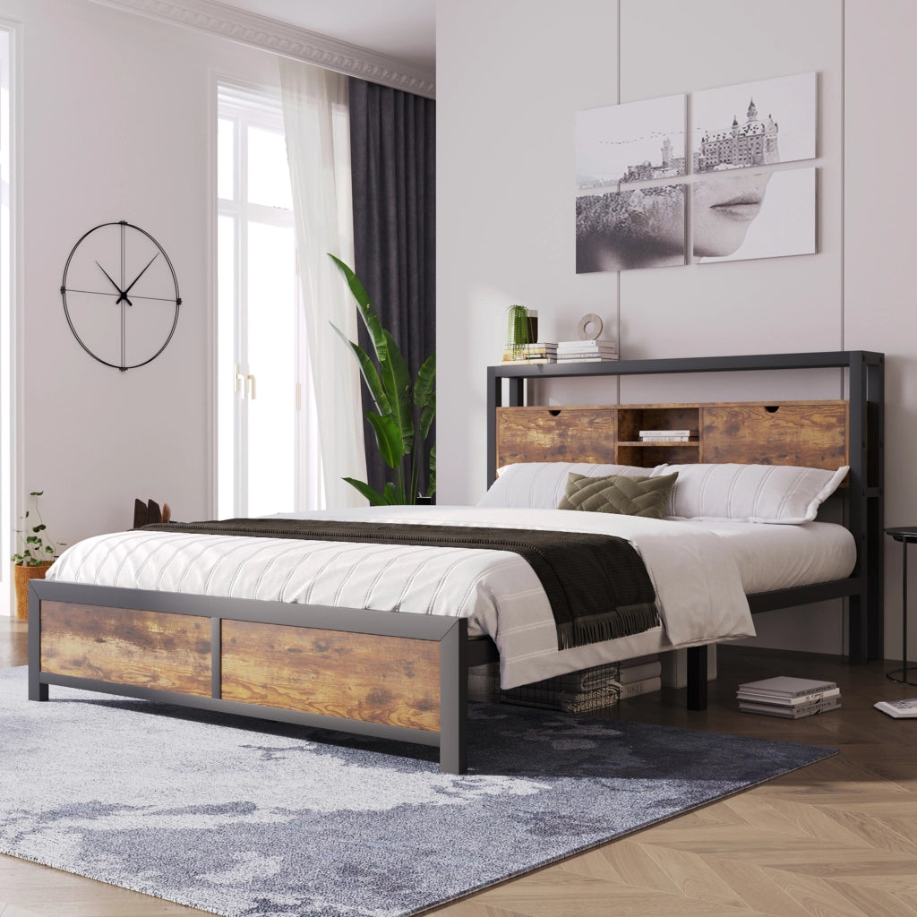 Letto matrimoniale in metallo con testiera contenitore; doghe in metallo; nero; 140x200 cm; senza materasso