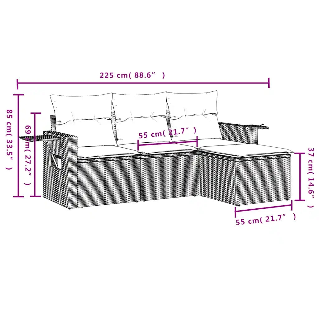 Set Divano da Giardino 4 pz con Cuscini Beige in Polyrattan