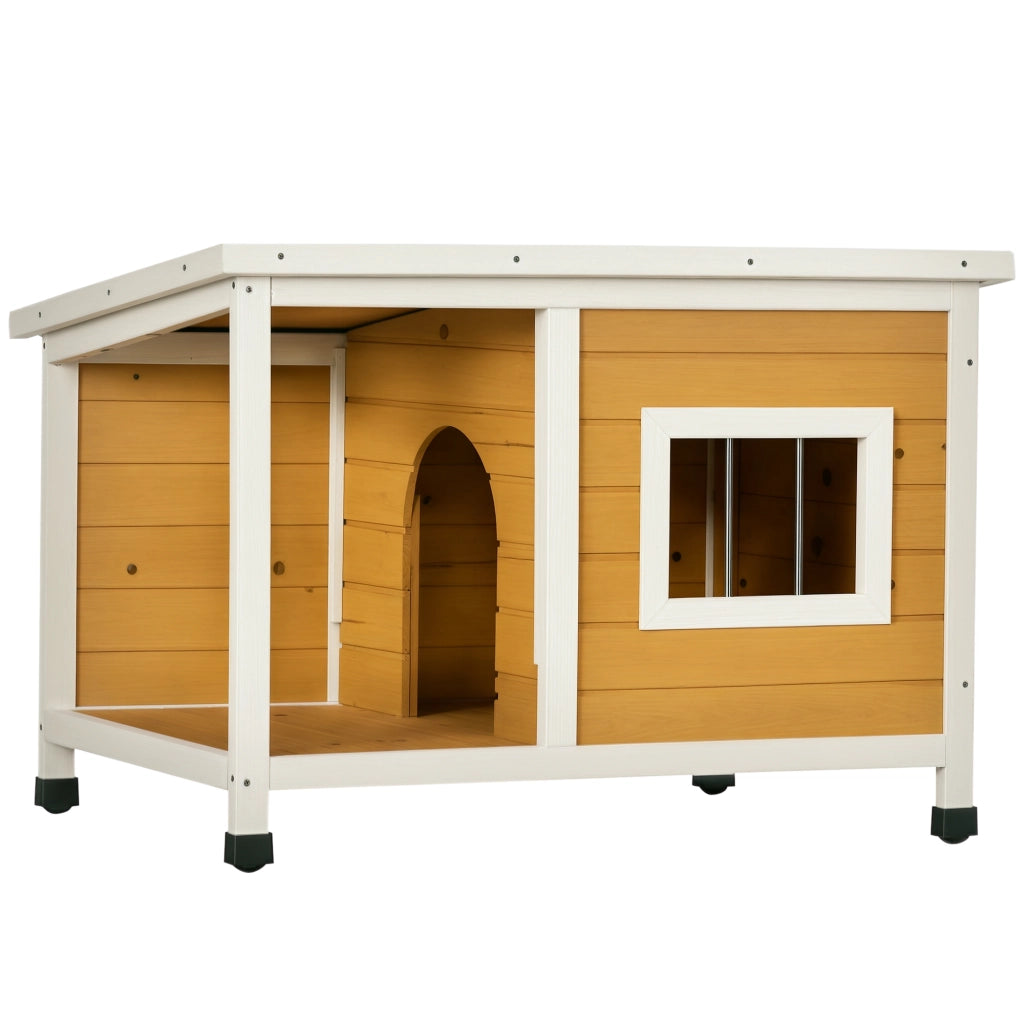 Cuccia per Cani da Esterno in Legno di Abete con Veranda Coperta e Tetto Inclinabile. 85.5x62x60 cm. Multicolore