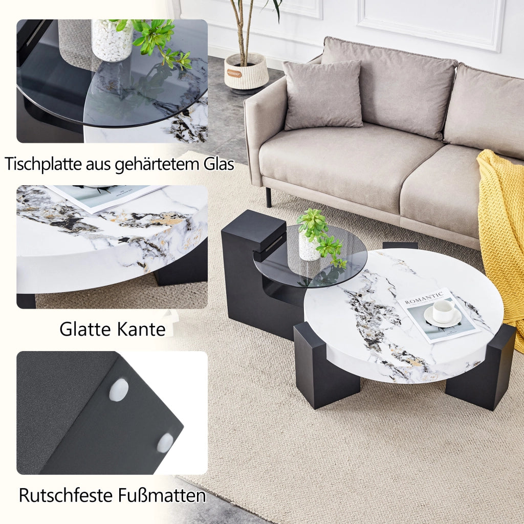 Tavolino rotondo moderno e semplice a due livelli: piano in vetro grigio trasparente e base in MDF nero a forma di L. Piano con effetto marmo bianco.