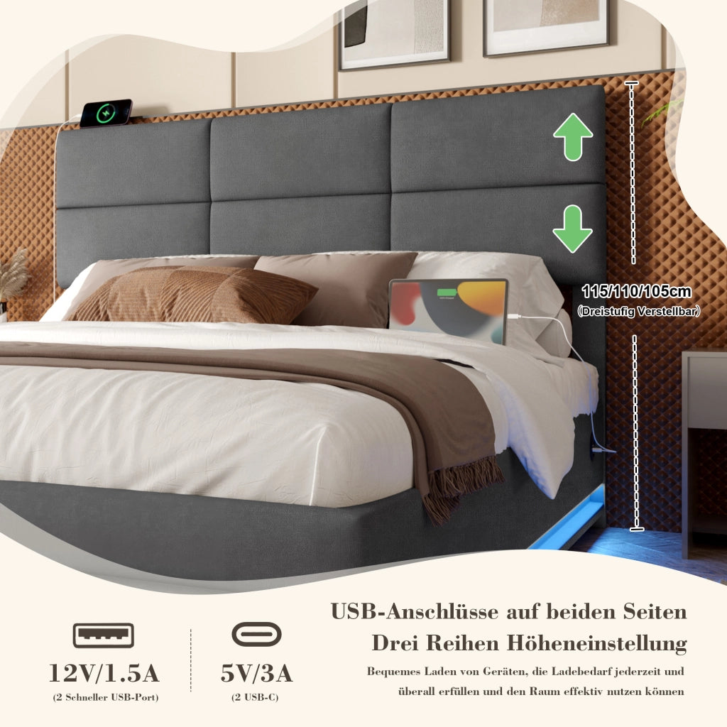 OKWISH Letto Contenitore 180×200 cm, Letto Matrimoniale con USB, Tipo C, LED Regolabile e Testiera Regolabile, senza Materasso, Velluto, Grigio Scuro