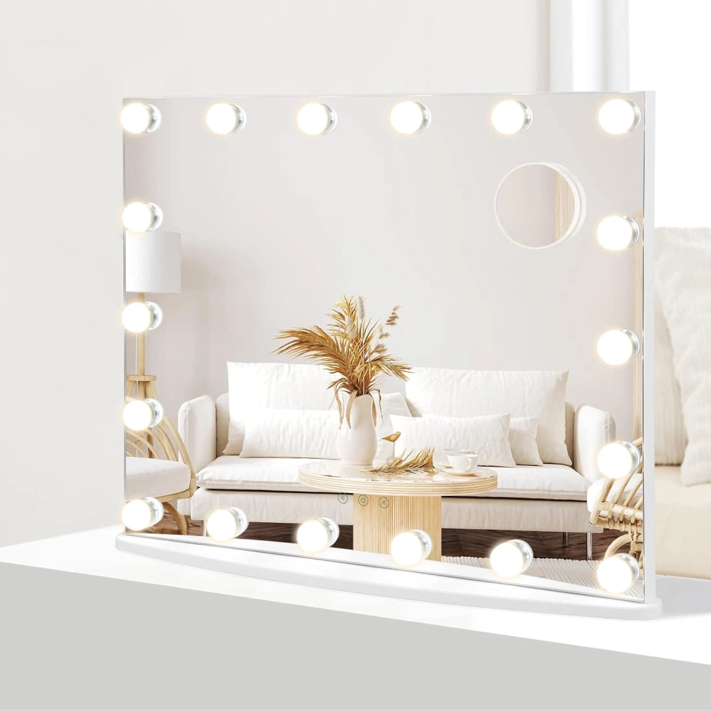 Specchio Trucco con 18 Luci, Specchio Rettangolare per Bagno con Interruttore a Sfioramento, Luce LED a 3 Colori, Luminosità Regolabile, 65 x 52,5 cm