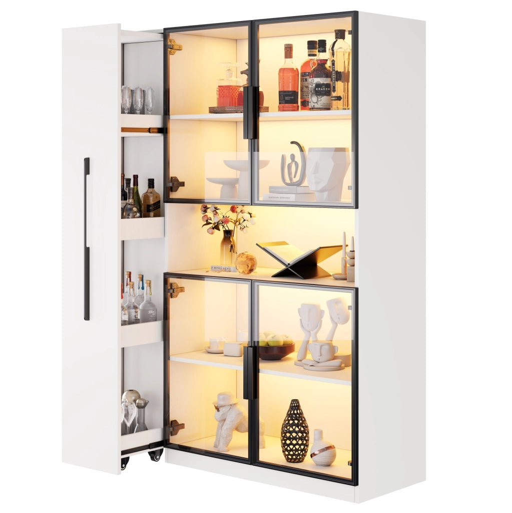 Vetrina moderna 110x35x160 cm bianca in MDF con LED a colori; ripiani estraibili e anta in vetro