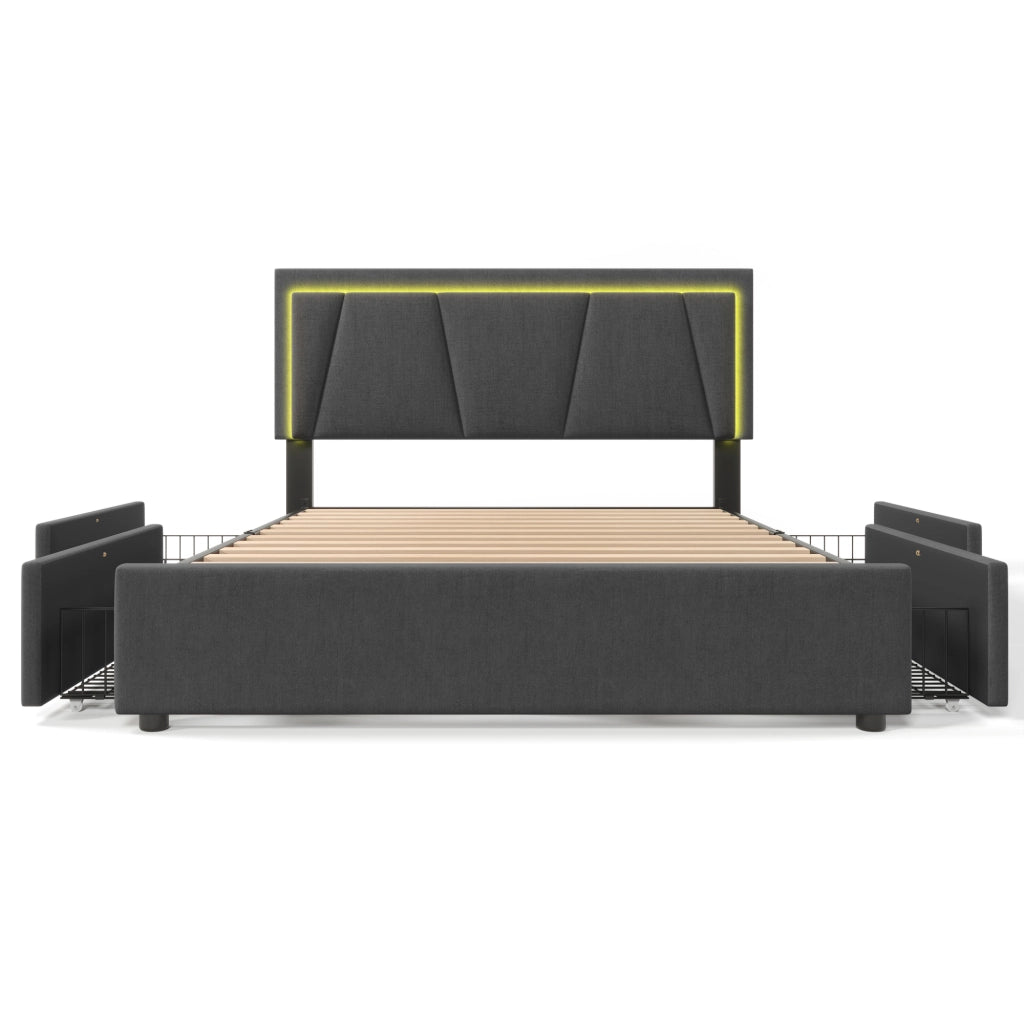 Letto Contenitore Matrimoniale 140x200 cm con LED; 4 Cassetti e Testiera Regolabile Grigio