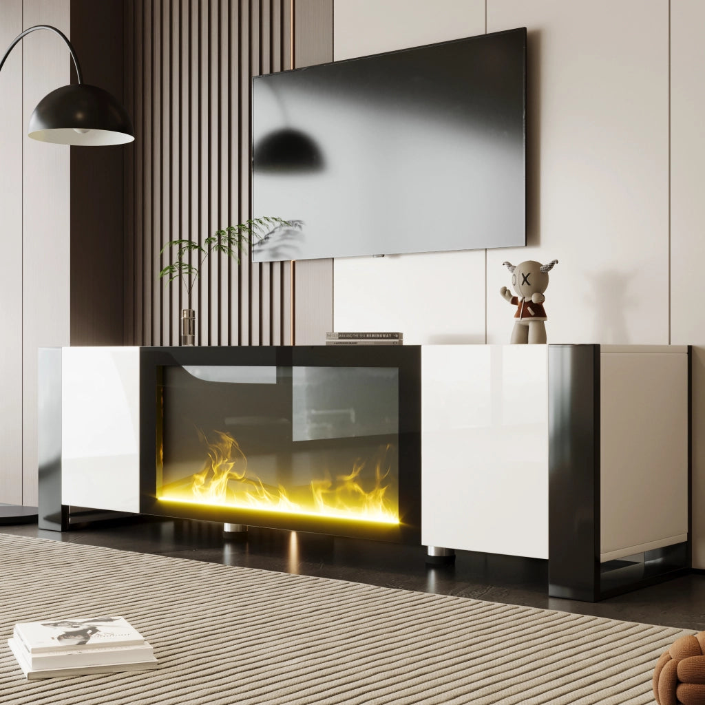 OKWISH Mobile TV con 2 Ante e Ripiani, Camino Elettrico con Effetto Fiamma senza Riscaldamento, per Soggiorno, 165 x 32 x 55 cm
