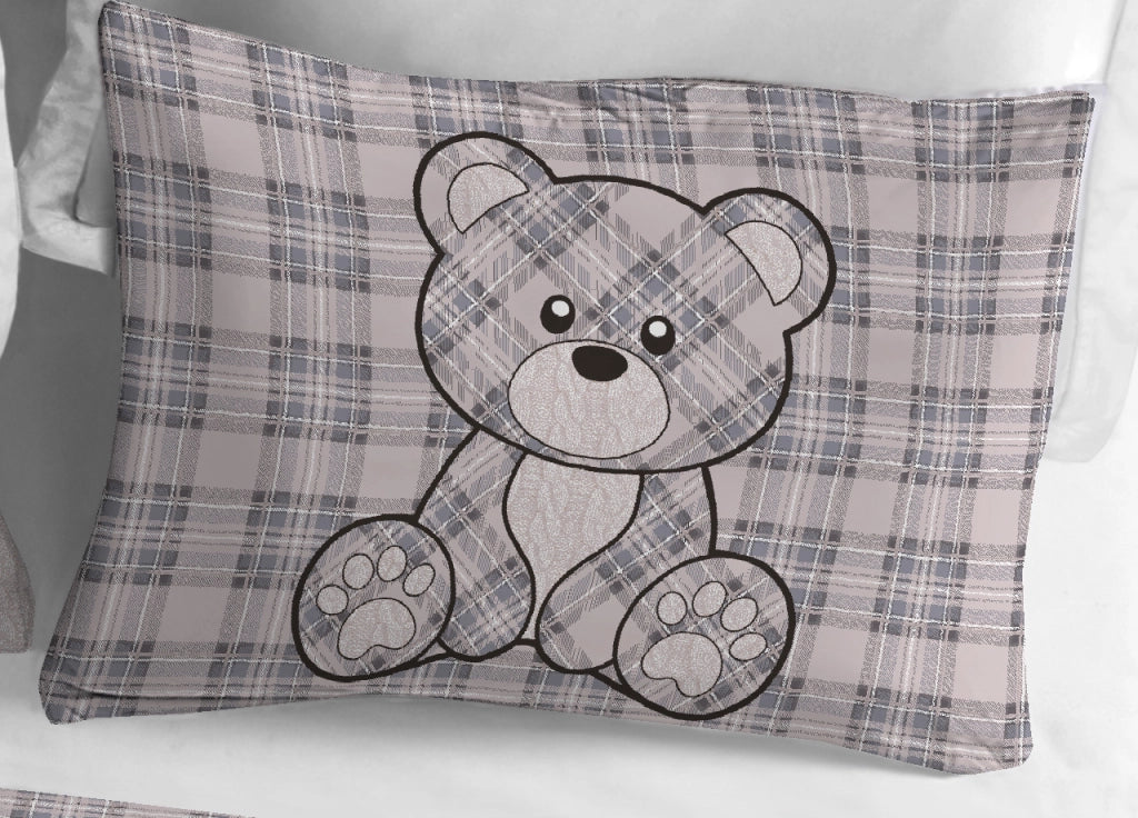 Copripiumino Sacco Piumone Cotone Flanella Pensieri Delicati Orsetto Tartan - Singolo - Grigio