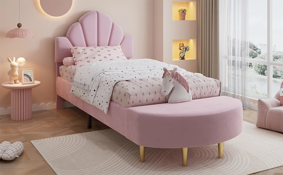 DESMIU Letto singolo 90 × 200 cm con panca coordinata, testiera in velluto, senza materasso, rosa