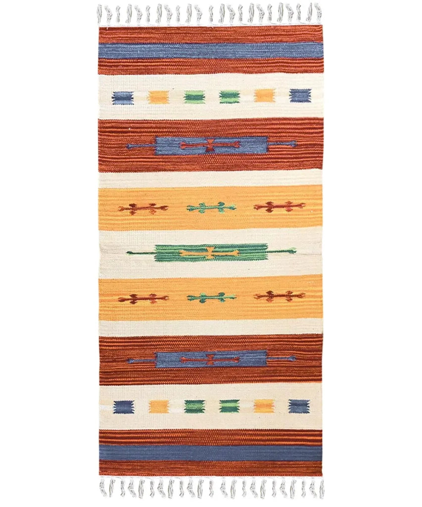 Tappeto KELIM 04 disegni etnici orientali colori vivaci cm.90x150 tessuto e frangia 100% cotone, lavabile in lavatrice