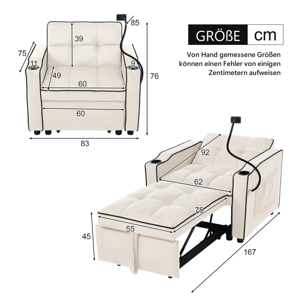 Divano letto 83x167x76 cm 3 in 1 con portabicchieri e supporto per telefono in schiuma beige