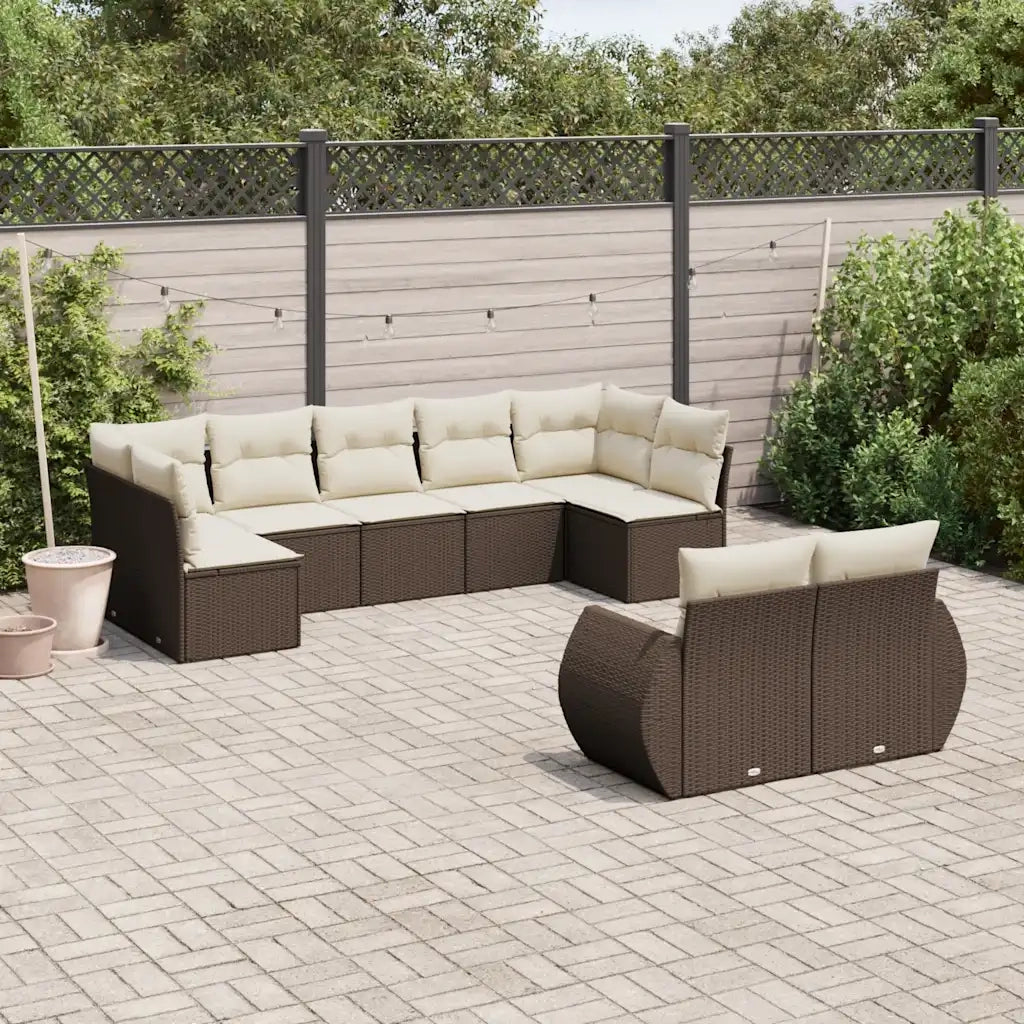 Set Divani da Giardino 9pz con Cuscini Marrone in Polyrattan
