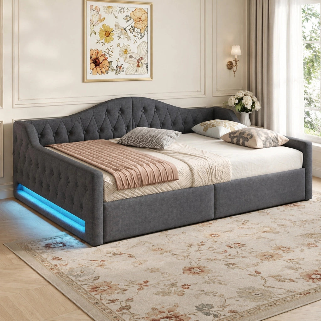 Divano letto con contenitore e LED; 140x200 cm; in MDF e lino grigio