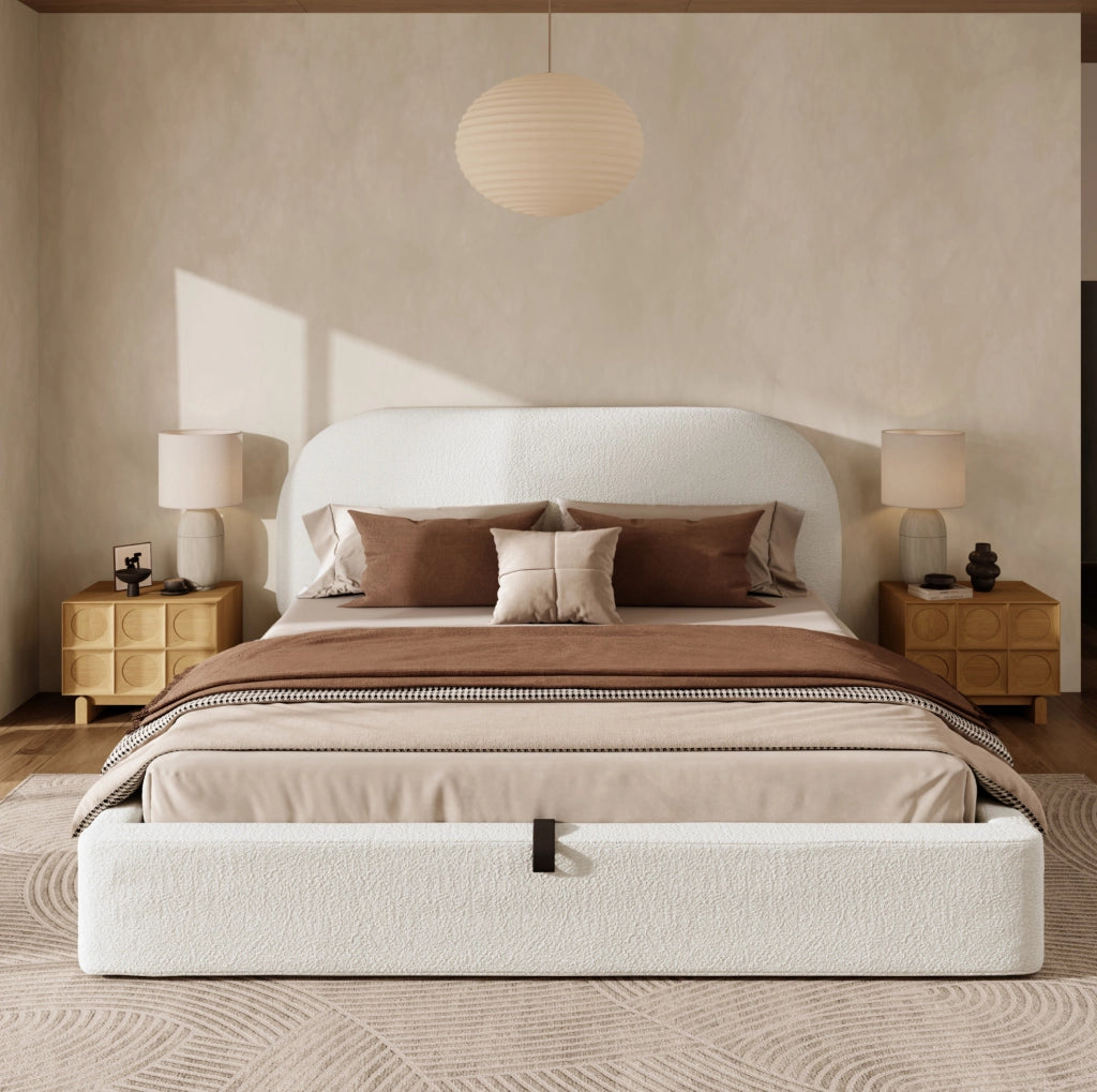 Letto imbottito con contenitore; in bouclé beige