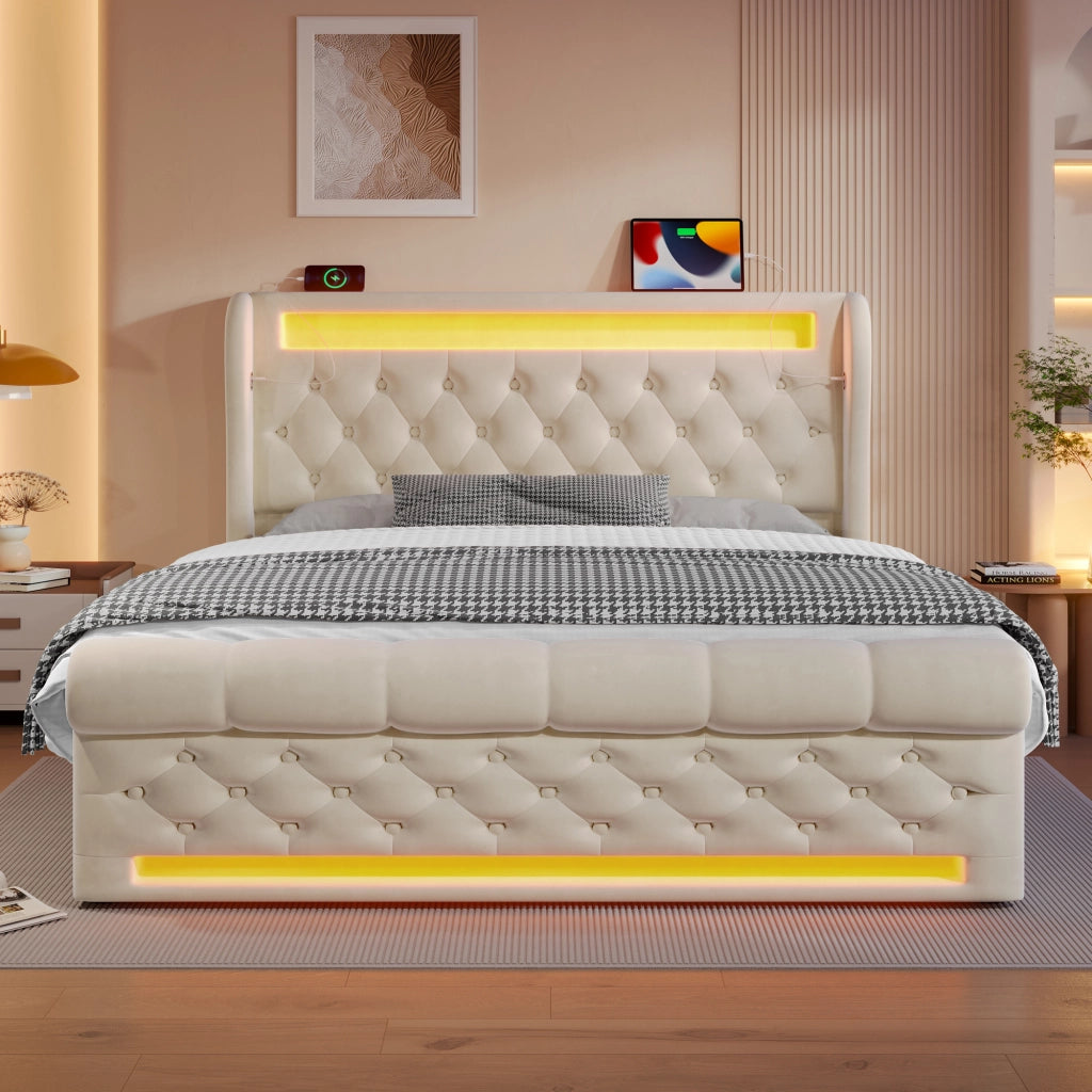 LETTO contenitore 140x190 cm in velluto beige con LED, USB e Type-C