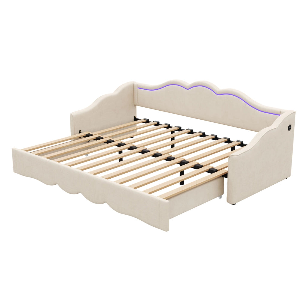 LETTO Estensibile 90x200 cm a 180x200 cm Velluto Beige con LED, USB e TYPE-C
