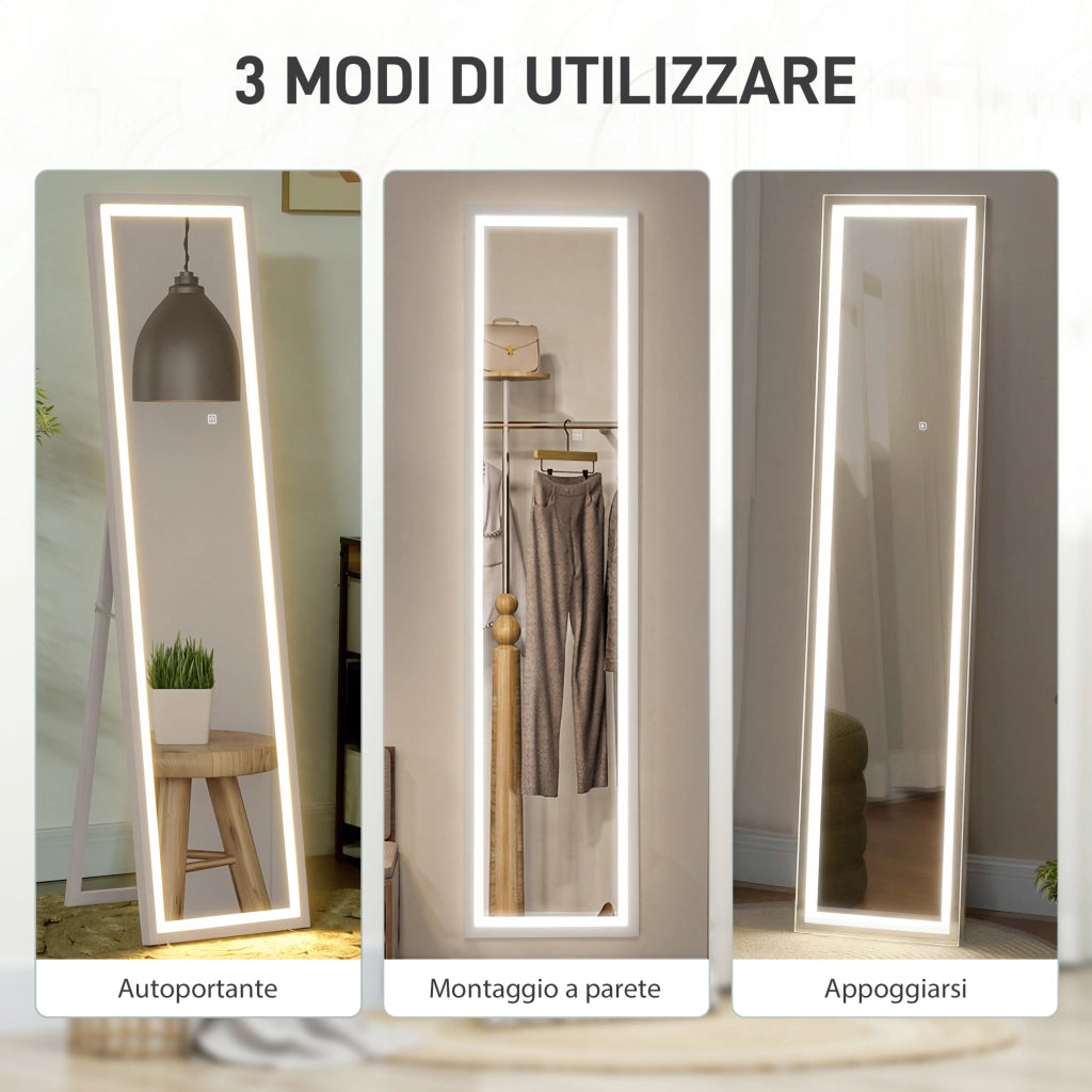 Specchio da Terra con Luci LED Regolabili. 3 Colori. 40x160 cm Specchio da Parete e Autoportante a Figura Intera in Vetro Temperato e MDF con Funzione Memory. per Soggiorno. Bianco
