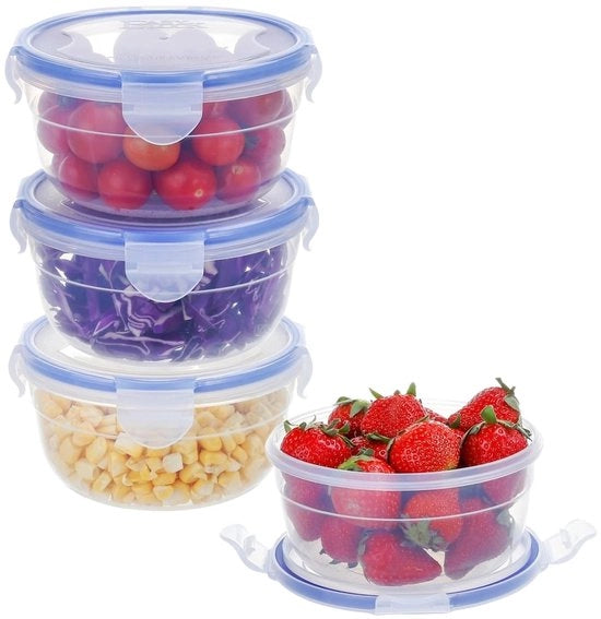 Set di contenitori alimentari in plastica a 4 pezzi, 0,6L, con coperchio, rotondi, BPA-free, piccoli, stivellabili, ermetici, resistenti a lavastoviglie, microonde e congelatore (blu)