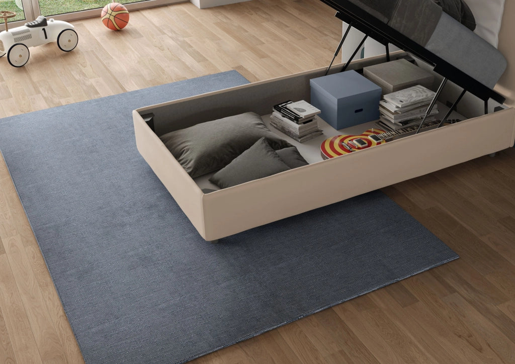 BS COM Letto singolo contenitore imbottito 90x200 microfibra sabbia
