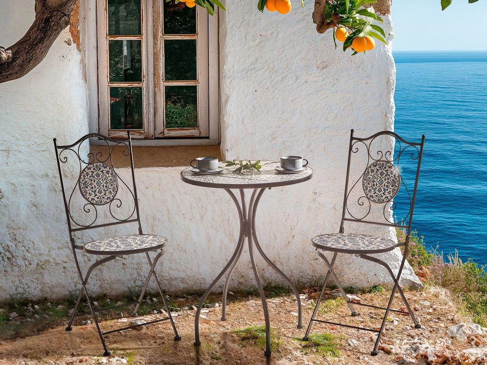 Tavolo da bistrot per esterni in metallo con piano in mosaico nero stile vintage