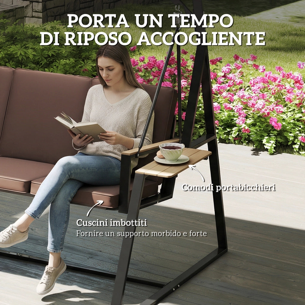 Dondolo da Giardino 3 Posti con Tettuccio Regolabile ¨C zephmum ¨C Marrone, Metallo, 222x131x175 cm