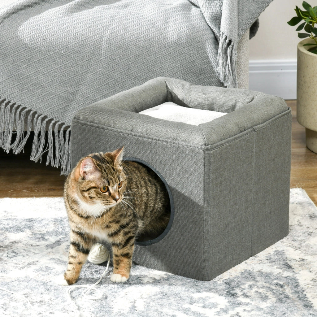 Casa per gatti a 2 livelli con cuscino morbido in peluche ¨C Xylo ¨C grigio 36,5x36,5x33cm