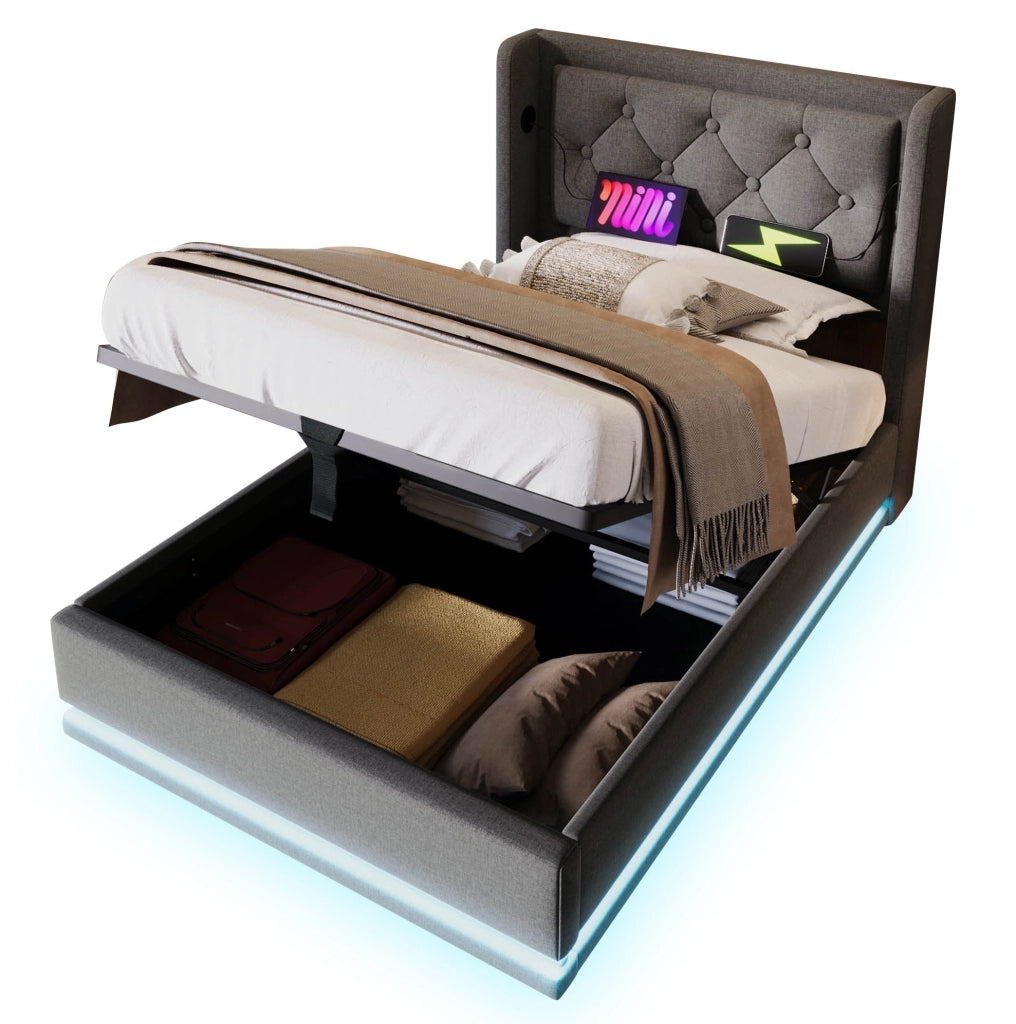 Letto imbottito con USB Type-C, LED e contenitore salvaspazio