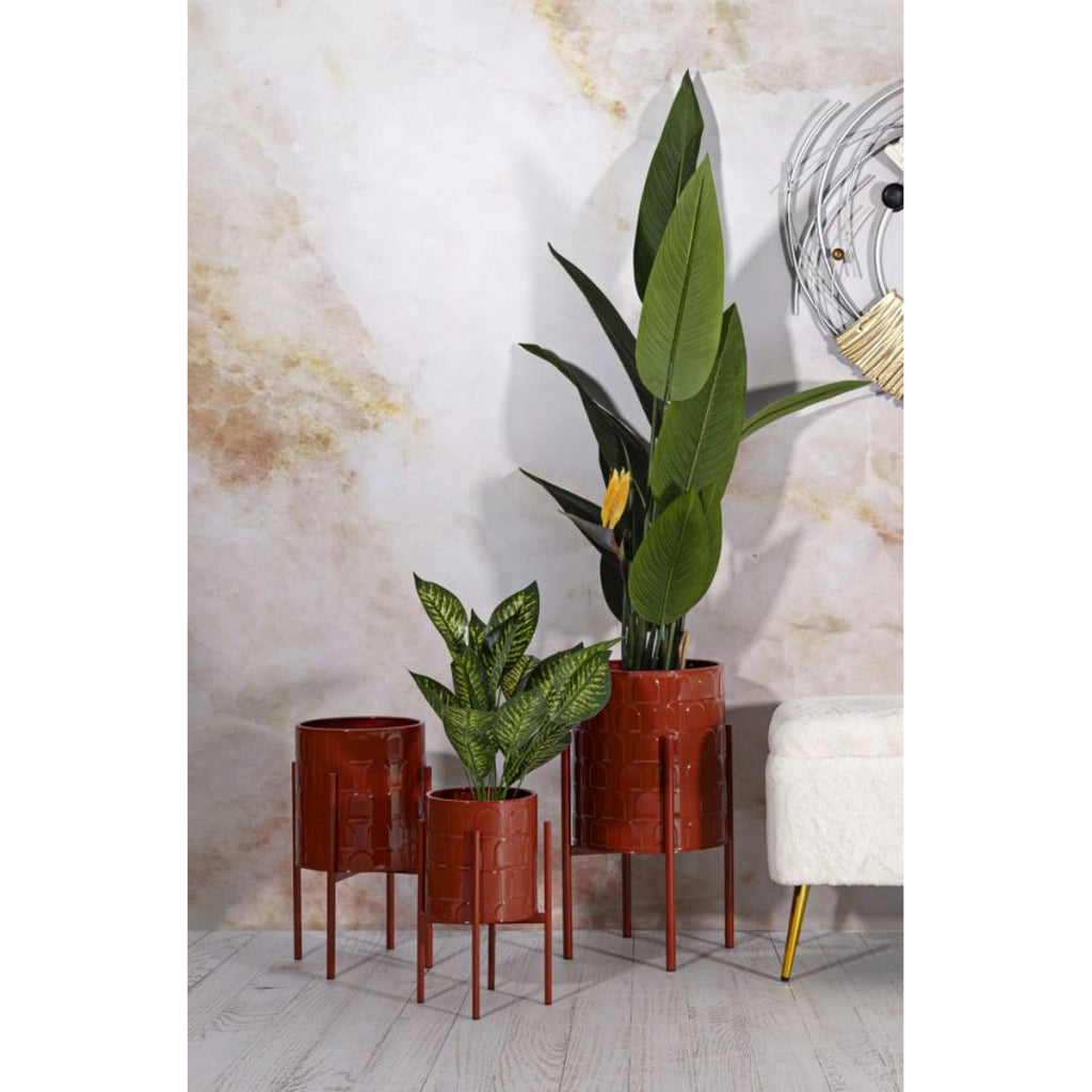 Set di 3 Vasi per Piante VKH426, Rosso, Metallo, 36x36x56,5 cm