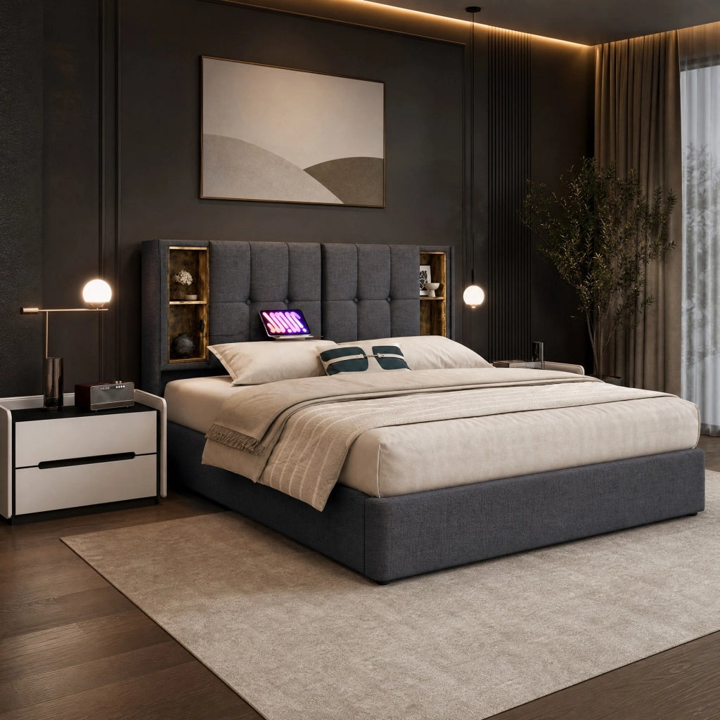 Letto matrimoniale imbottito 140x200 cm grigio con ricarica wireless; USB e vano contenitore