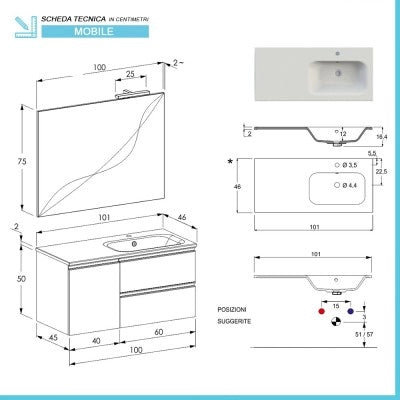 Mobile bagno sospeso 100 cm bianco opaco con cassetti e anta completo di lavabo a destra e specchio Master