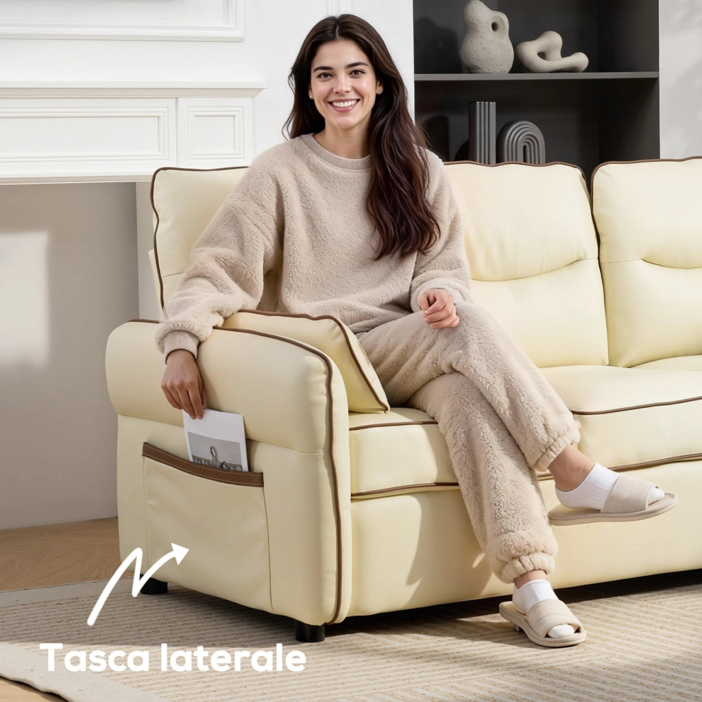 Divano 3 Posti in Similpelle Imbottito con 2 Cuscini ¨C Xylo ¨C 190x83x90 cm Beige
