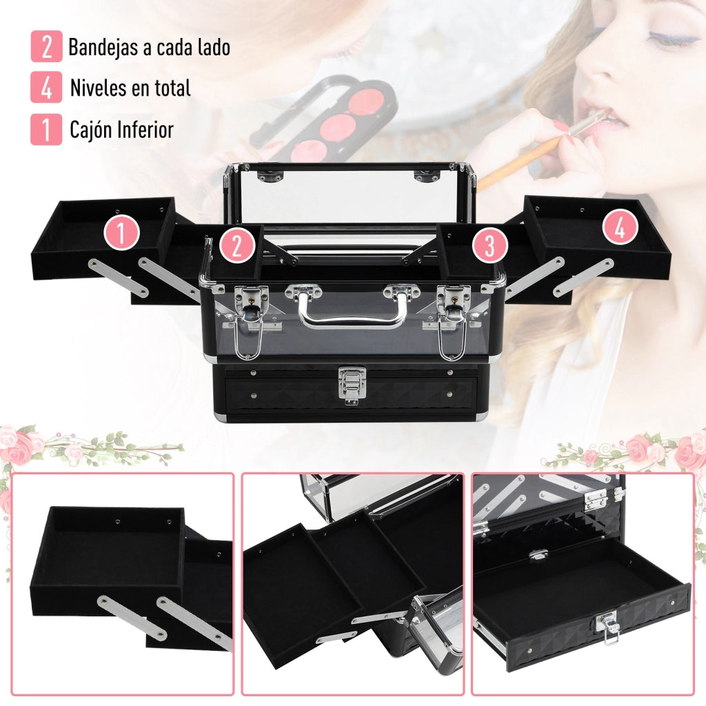 Cofanetto Portagioie Trucco ¨C Xylo ¨C Alluminio con Vassoi Estraibili 30x18,5x22cm Nero