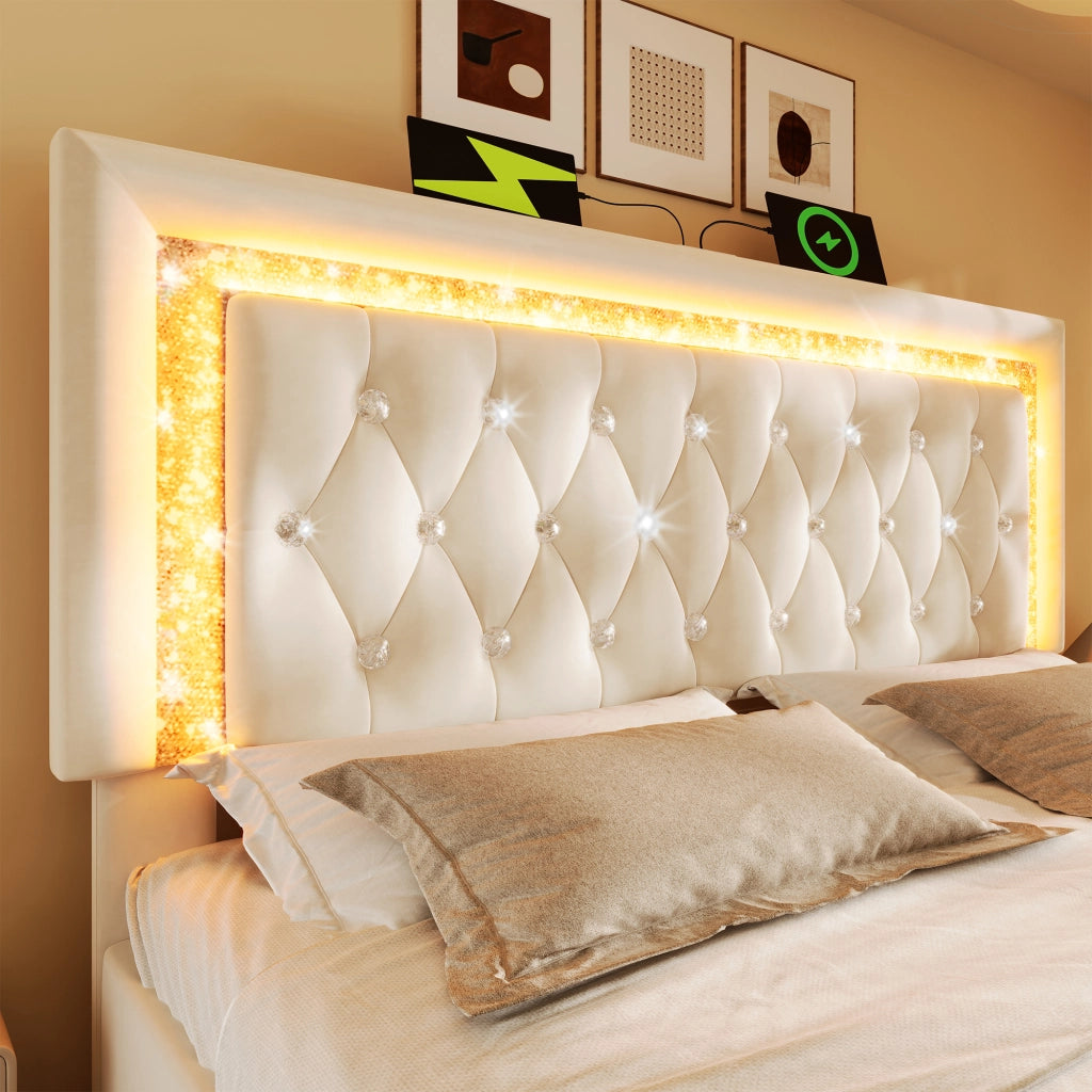 DESMIU Letto Contenitore 140 × 200 cm 2 posti LED, USB e Type-C, con vano idraulico, materasso incluso, velluto beige