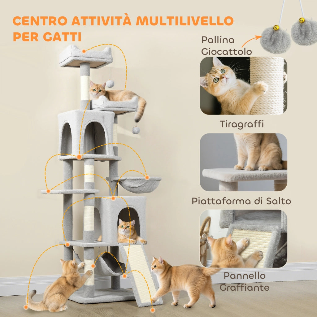 Albero Tiragraffi per Gatti con 2 Casette e Lettini ¨C Minimal ¨C Grigio Chiaro e Beige 48x40x177 cm