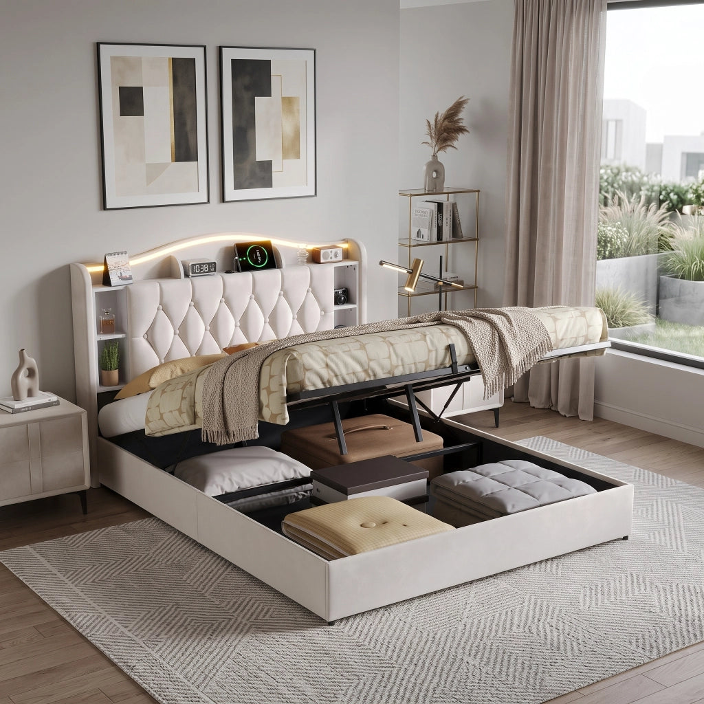 Letto una piazza e mezza 140x200 cm con contenitore LED RGB USB testiera rete a doghe velluto metallo legno - beige