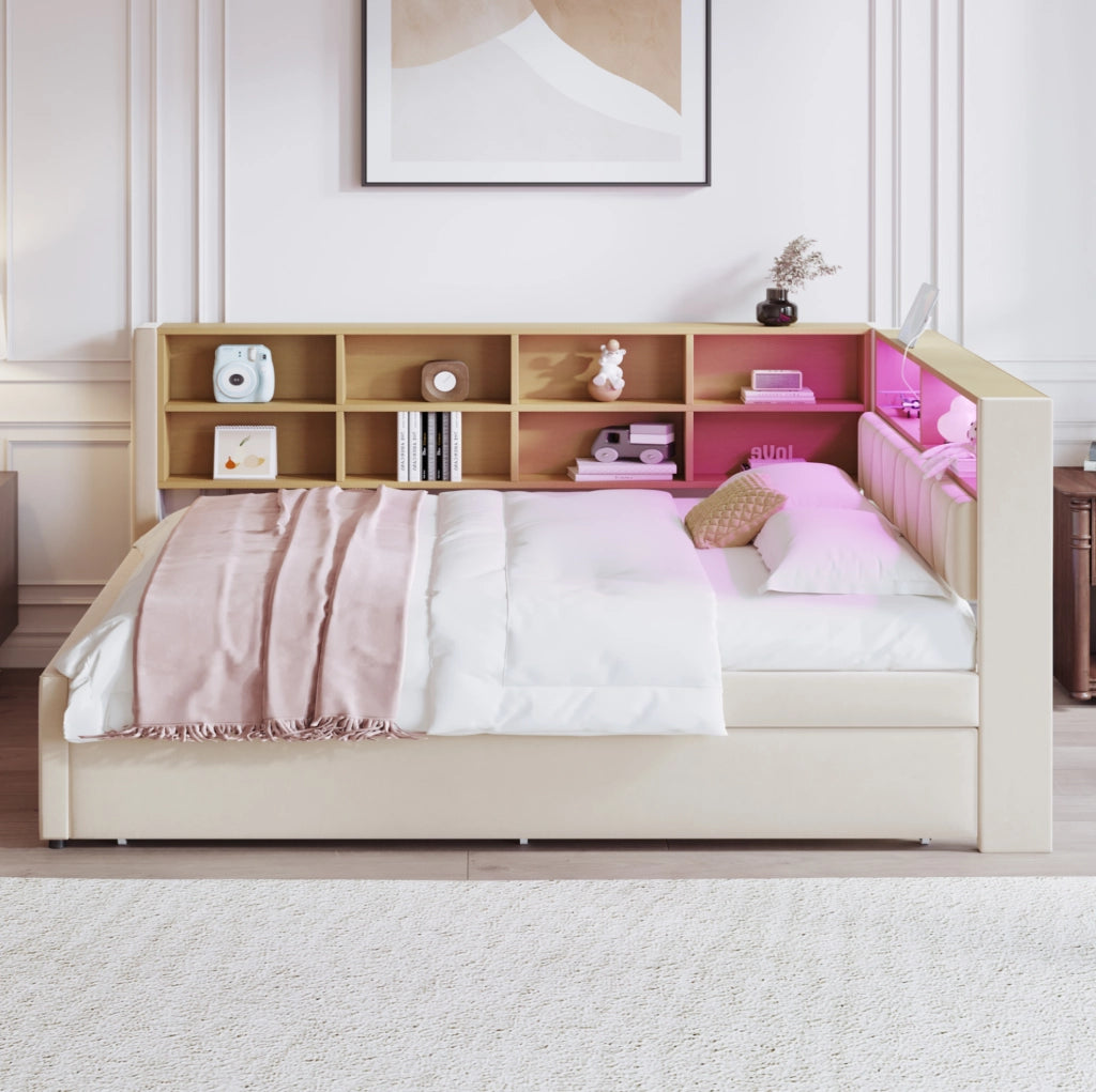Divano letto multifunzione con letto estraibile, LED, prese integrate e vani portaoggetti