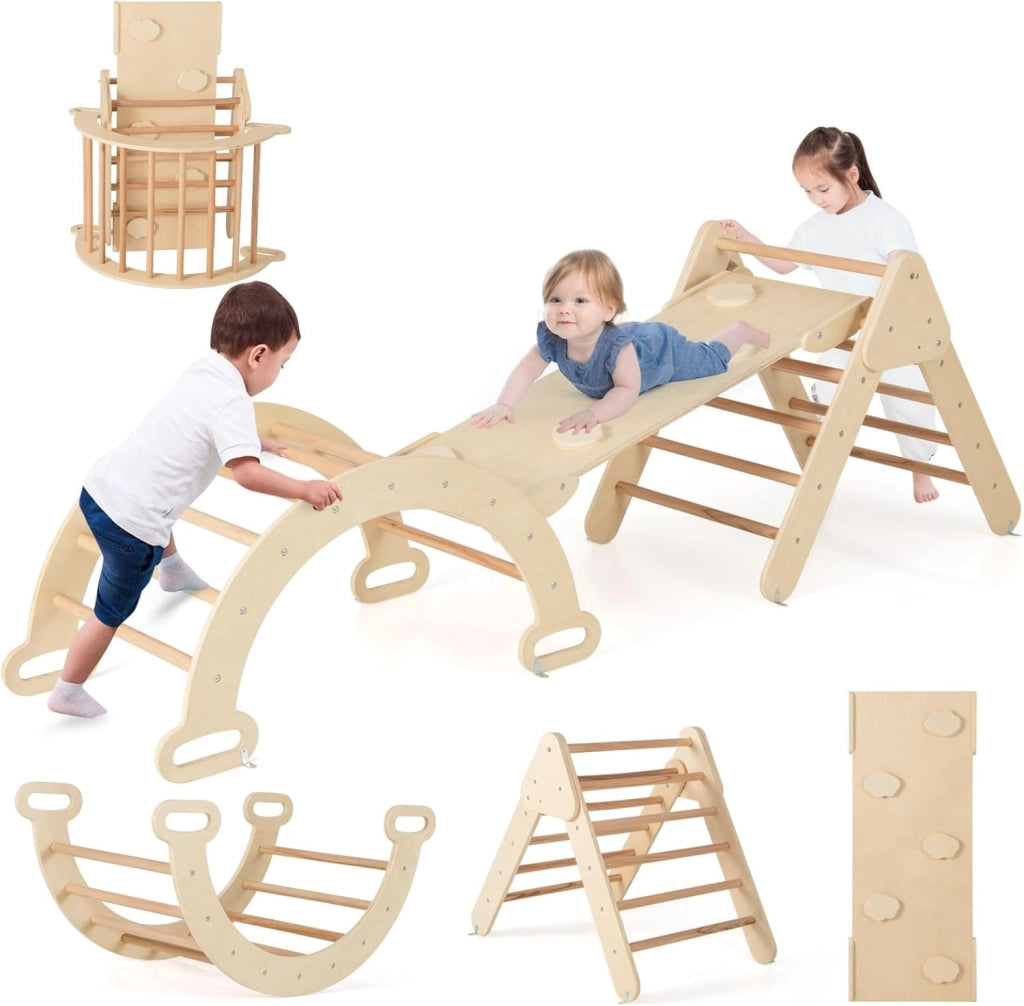 4 in 1 Set da Arrampicata per Bambini, Giocattoli da Arrampicata a Triangolo con Triangolo Arco e Salita, Ideale per Bambini 1 Anni + (Naturale)