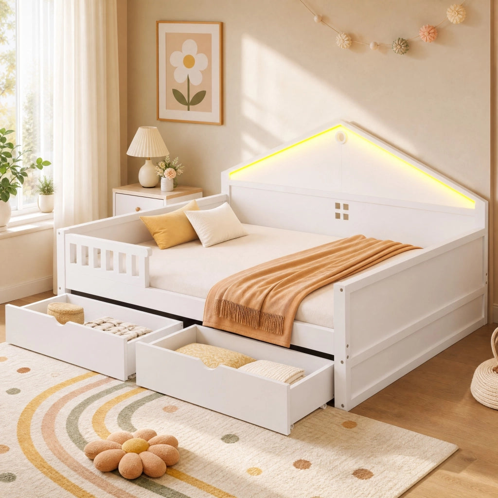 LETTO con cassetti e barra LED 140x200 cm Bianco