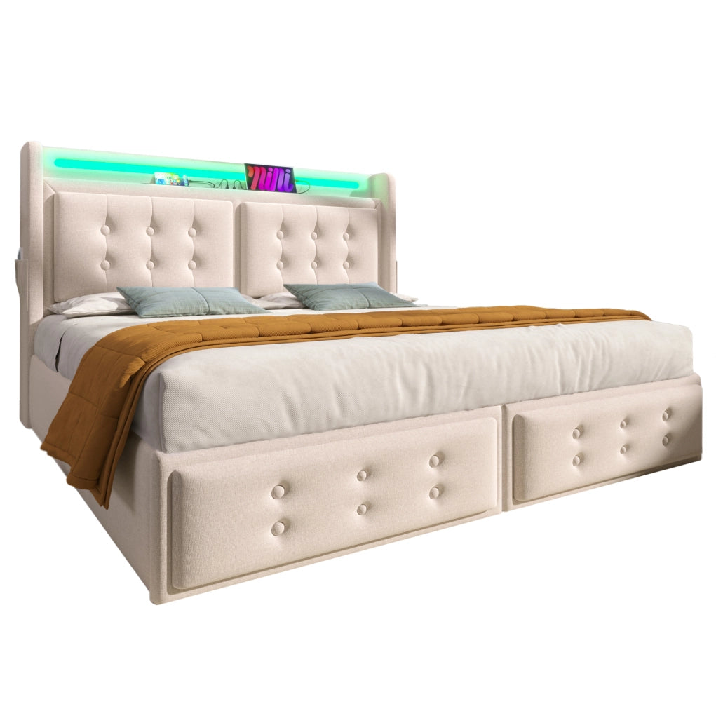 Letto imbottito 140x200 con testiera LED, prese e contenitore
