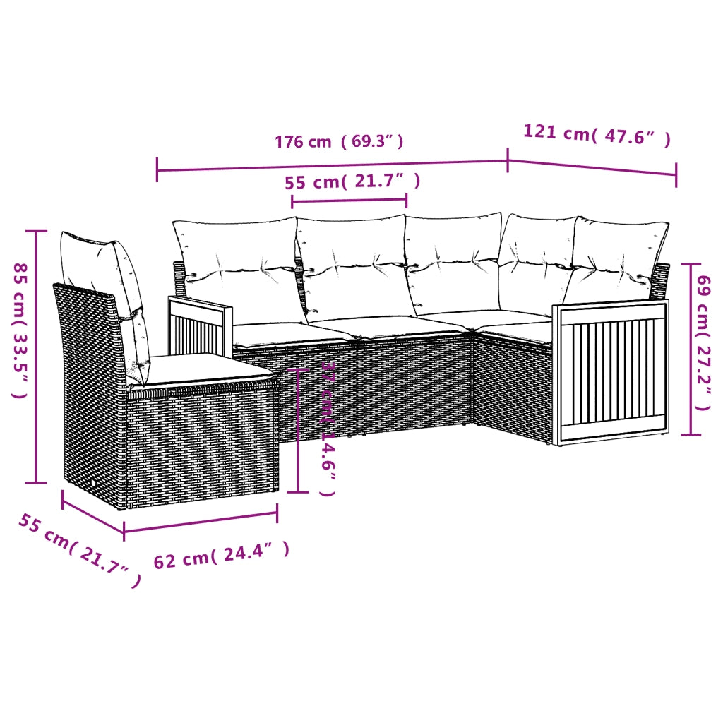 Set Divani da Giardino 5 pz con Cuscini in Polyrattan Nero