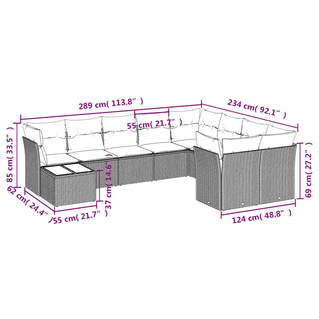 Set Divani da Giardino 10pz con Cuscini in Polyrattan Marrone