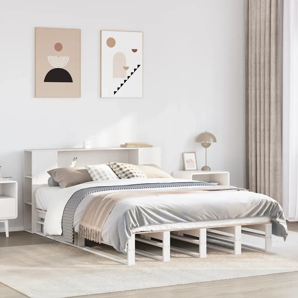 Letto Libreria senza Materasso-Struttura Letto con contenitore Bianco 150x200 cm Legno Massello