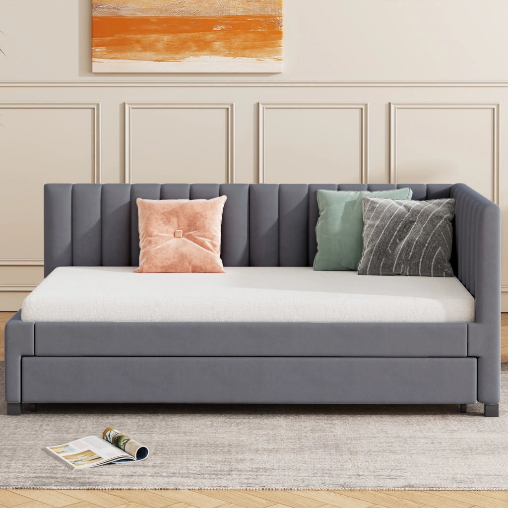 Letto estraibile singolo 90×200 cm con rete e struttura imbottita in velluto; senza materasso; grigio