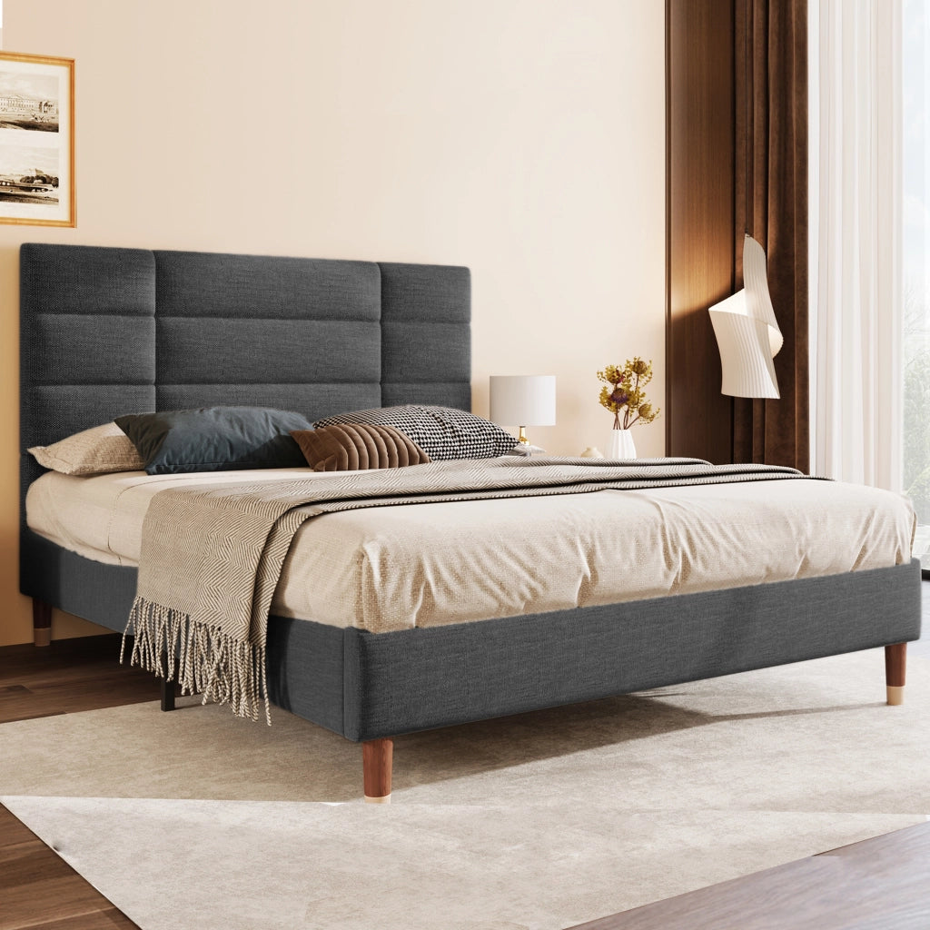 Letto matrimoniale imbottito di 140x200 cm in struttura a listelle di lino grigio scuro con testiera per adulti e adolescenti senza materasso