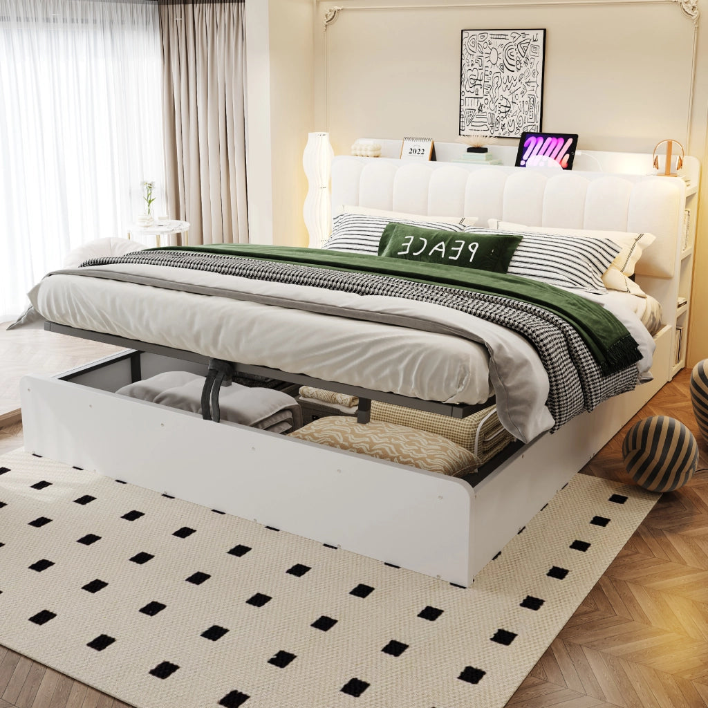 DESMIU Letto contenitore 180 × 200 cm 2 posti con testiera, USB, luce notturna e spazio, senza materasso, bianco