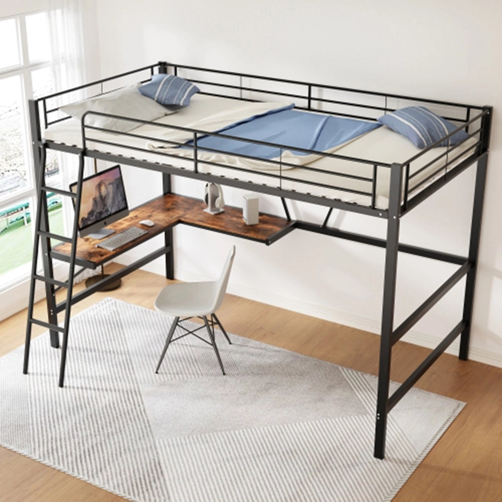 Letto a castello 90x200cm - Xylo - Nero con scrivania a L e scaffale