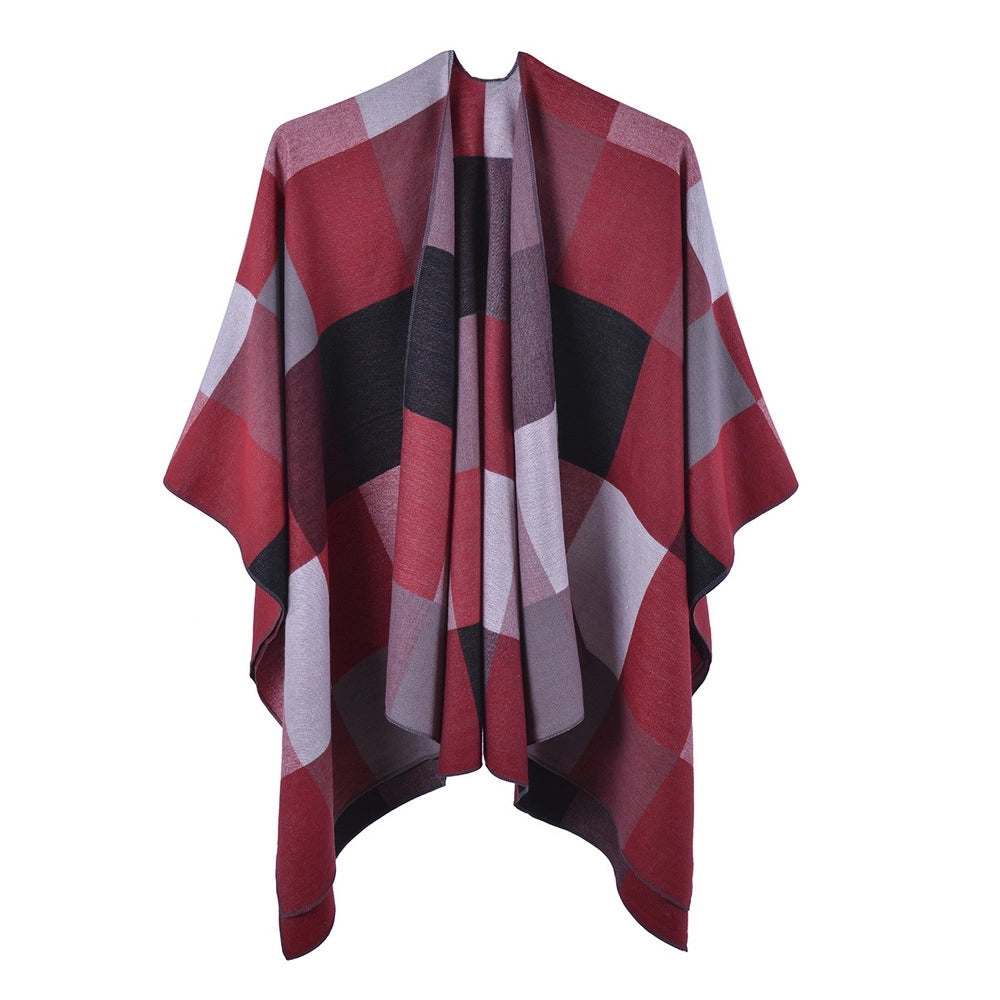 Nuova sciarpa/scialle a quadri da donna, graziosa mantellina in cashmere con spacco e nappe su entrambi i lati