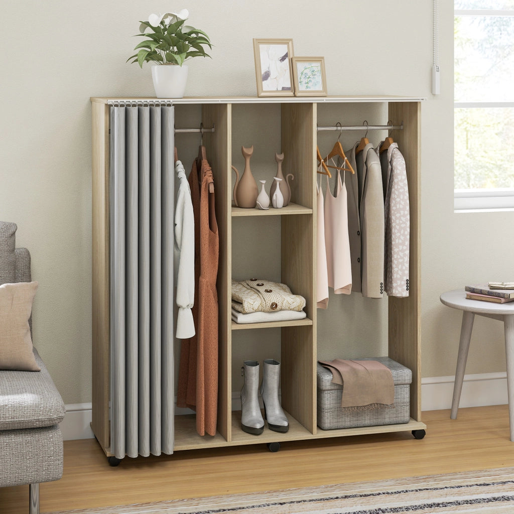 Armadio guardaroba mobile con ante e cassetti ¨C Xylo ¨C legno naturale 120x40x128cm con 6 ruote