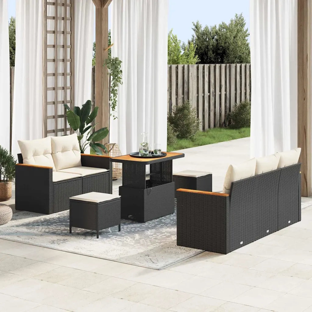 Set Divano da Giardino 10 pcs Nero e Crema polyrattan