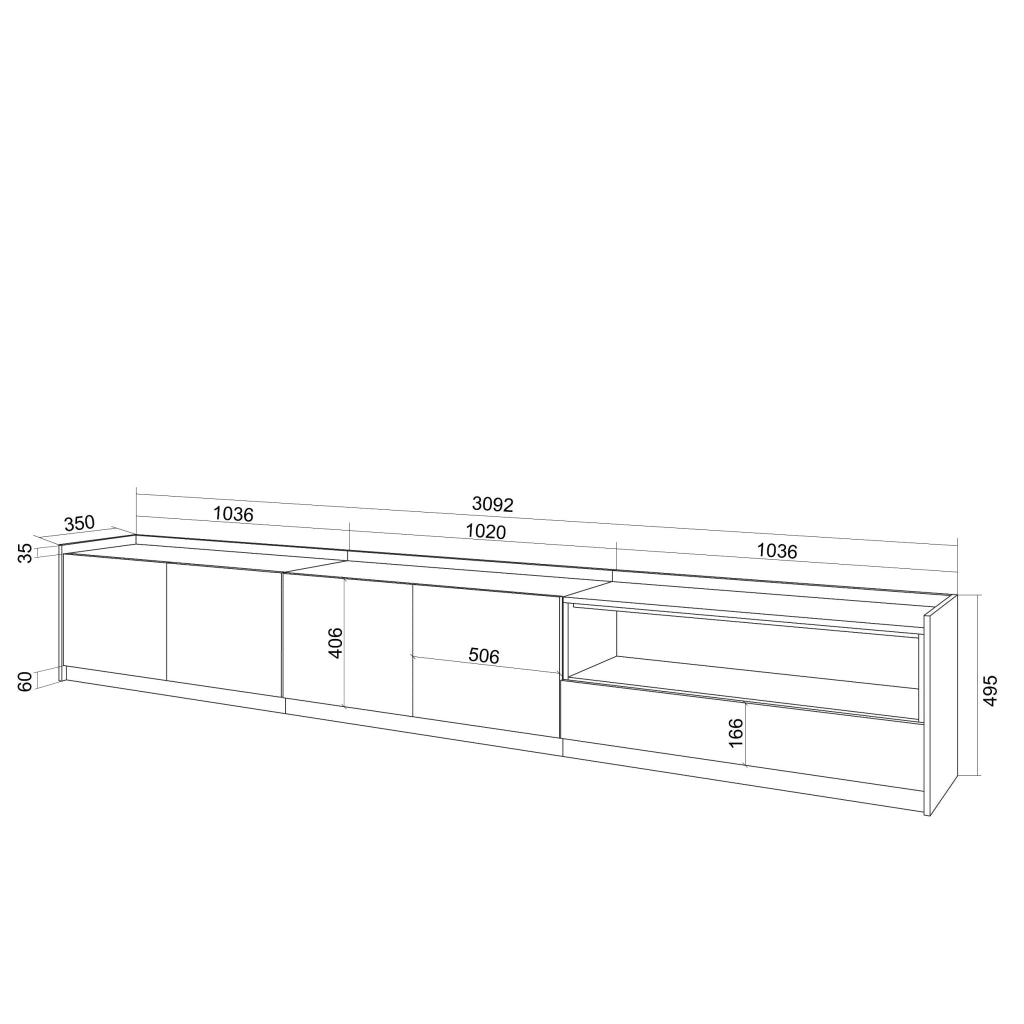 Mobile TV Soggiorno, 310x50x37 cm, Per TV fino a 80", Led, Rovere e nero
