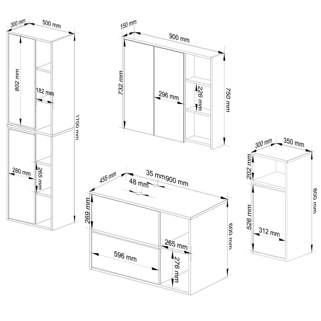 Set di mobili da bagno sospesi VAMI in Bianco con interno Quercia Sonoma con fori per lavabo da appoggio