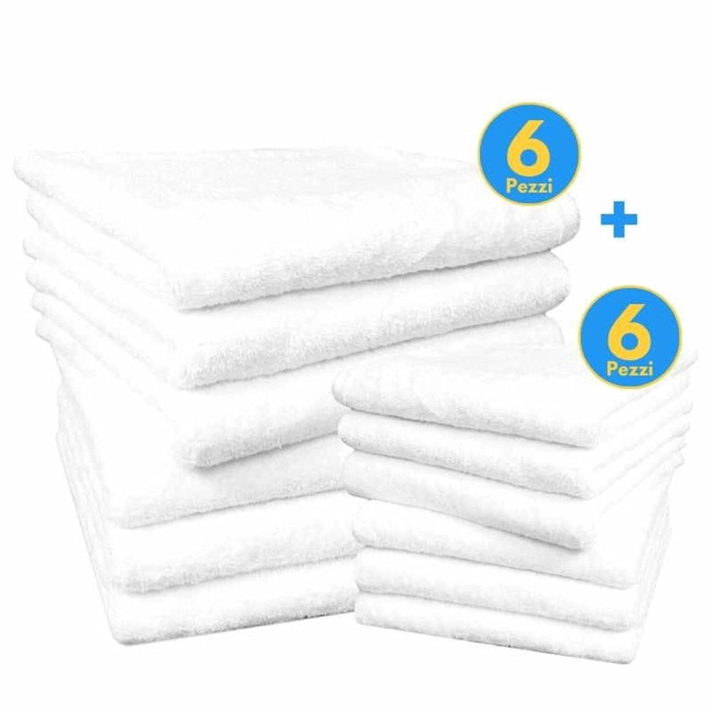 Trade Shop - Set 12 Asciugami Bagno Viso Ospite 6 + 6 Per Hotel Albergo Pa Bianco 100% Cotone -